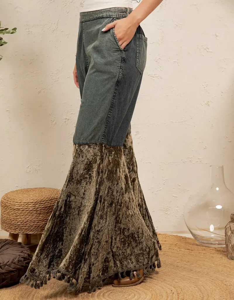 Patchwork Denim Pant With Velvet Ruffle Flare Bottom