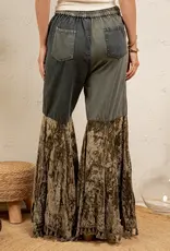 Patchwork Denim Pant With Velvet Ruffle Flare Bottom