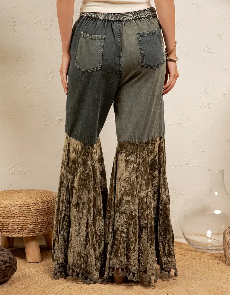 Patchwork Denim Pant With Velvet Ruffle Flare Bottom