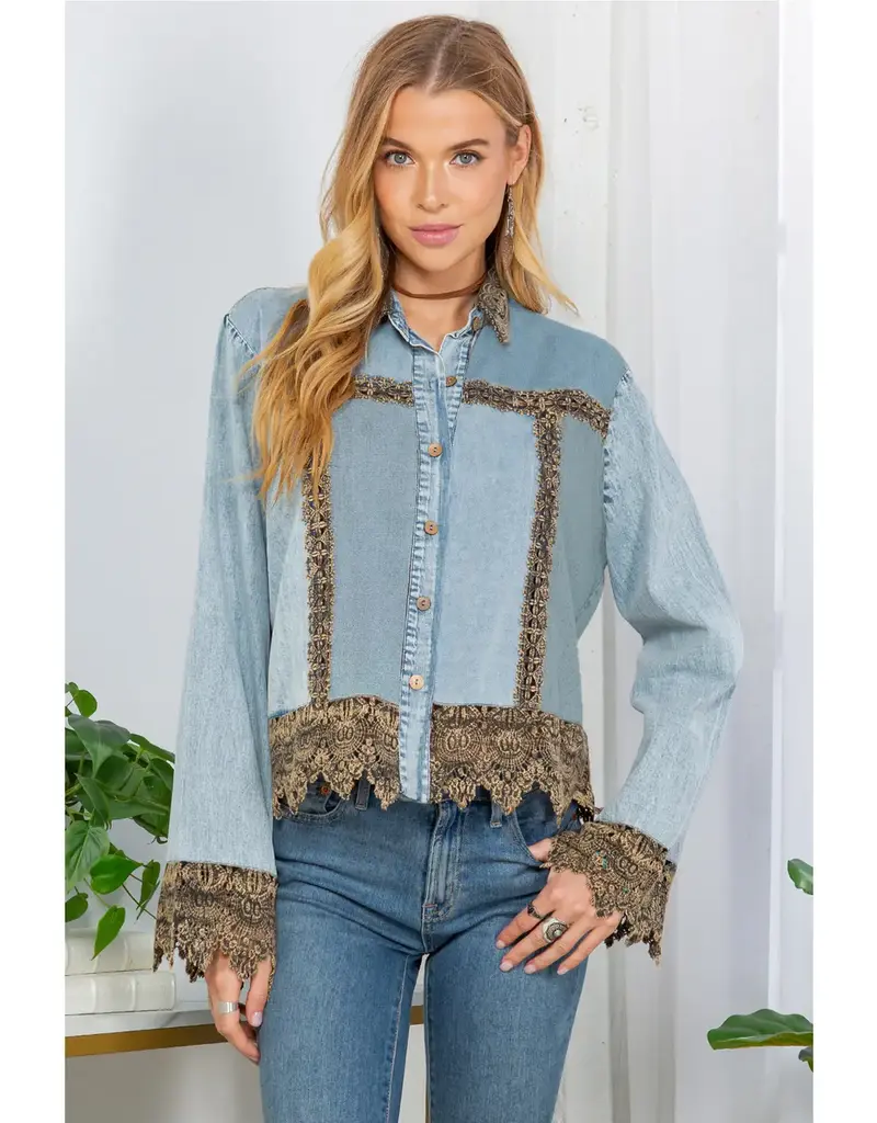 Boho Western Lace Trim Denim Top