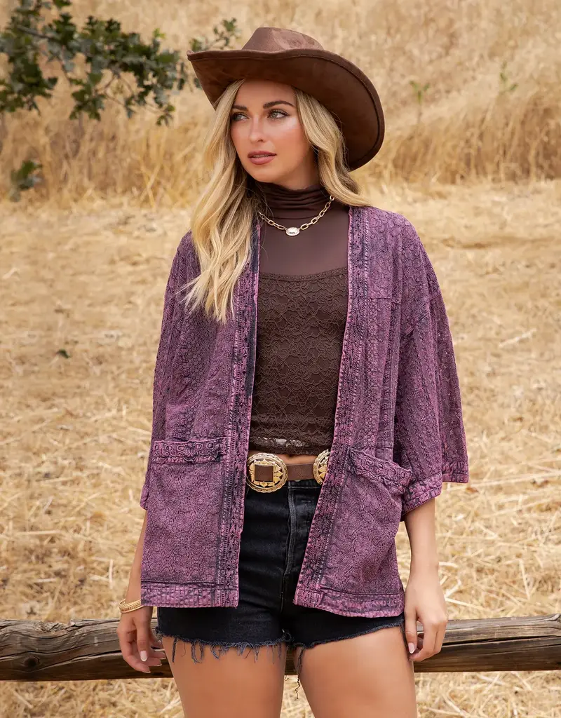 Boho Textured Mixed-Print Kimono with Pouch Pockets