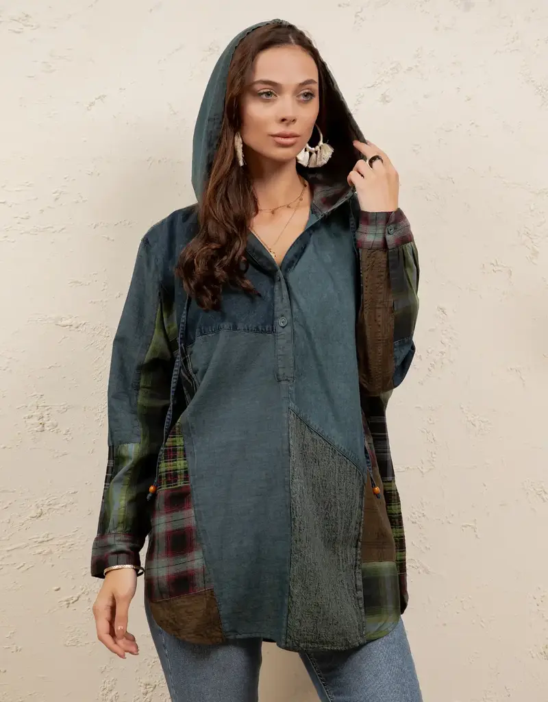 Boho Denim &  Patchwork Hoodie Tunic Top