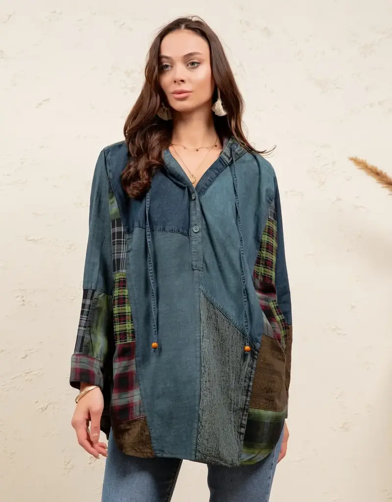 Boho Denim &  Patchwork Hoodie Tunic Top
