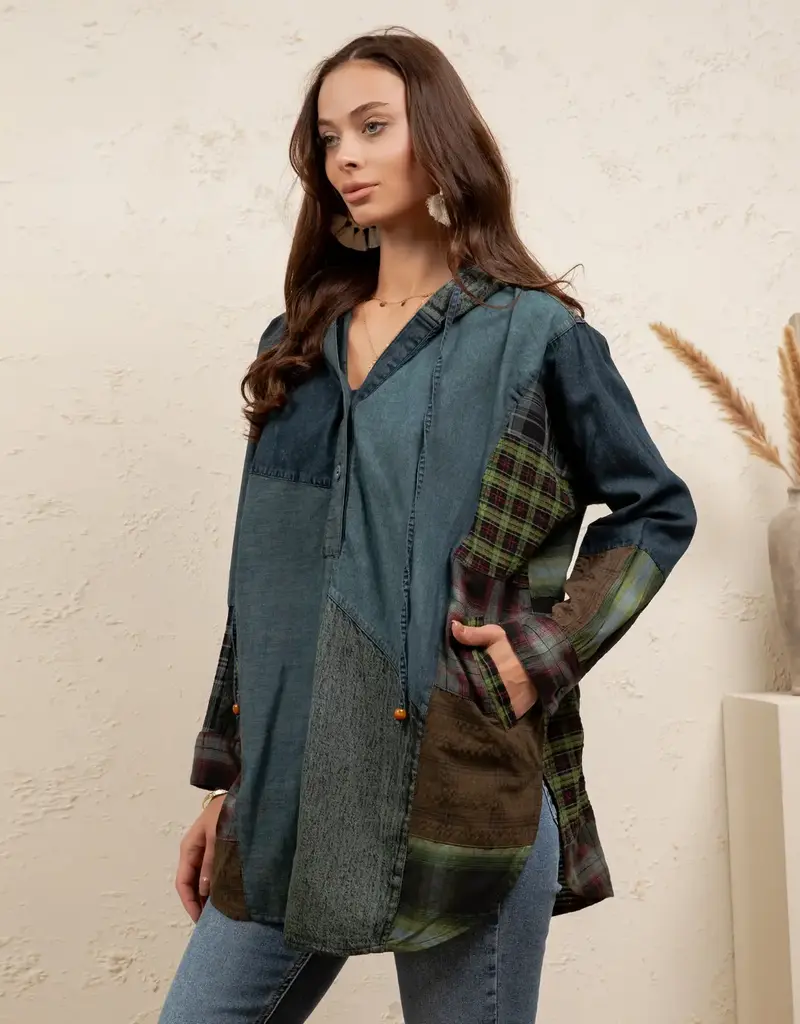 Boho Denim &  Patchwork Hoodie Tunic Top