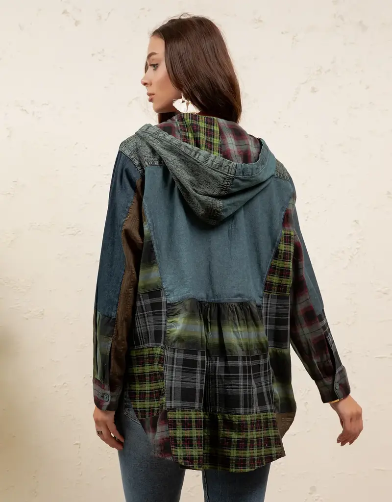 Boho Denim &  Patchwork Hoodie Tunic Top