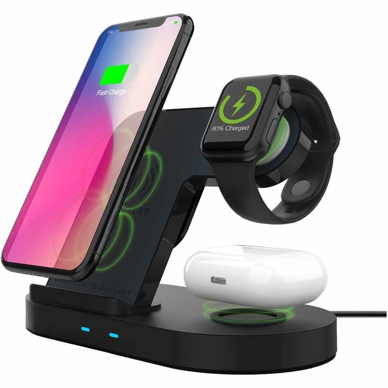 20W Black 3-in-1 Wireless Charging Dock for Phone, Watch & Wireless Headphones