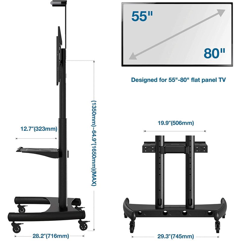 Mobile TV Cart with Wheels for 55" - 80" Inch LCD LED OLED Screens up to 200lbs