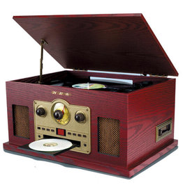 SYLVANIA 6-in-1 Nostalgic Bluetooth Turntable with CD, Cassette, AUX and AM/FM Radio