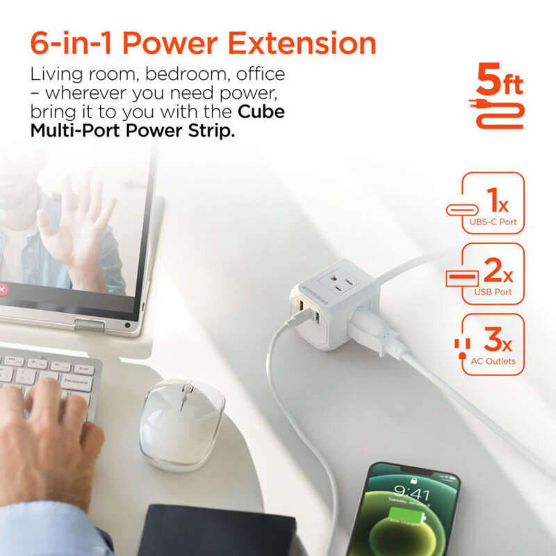 CUBE Multi-Port Power Strip Extension Cord (5')