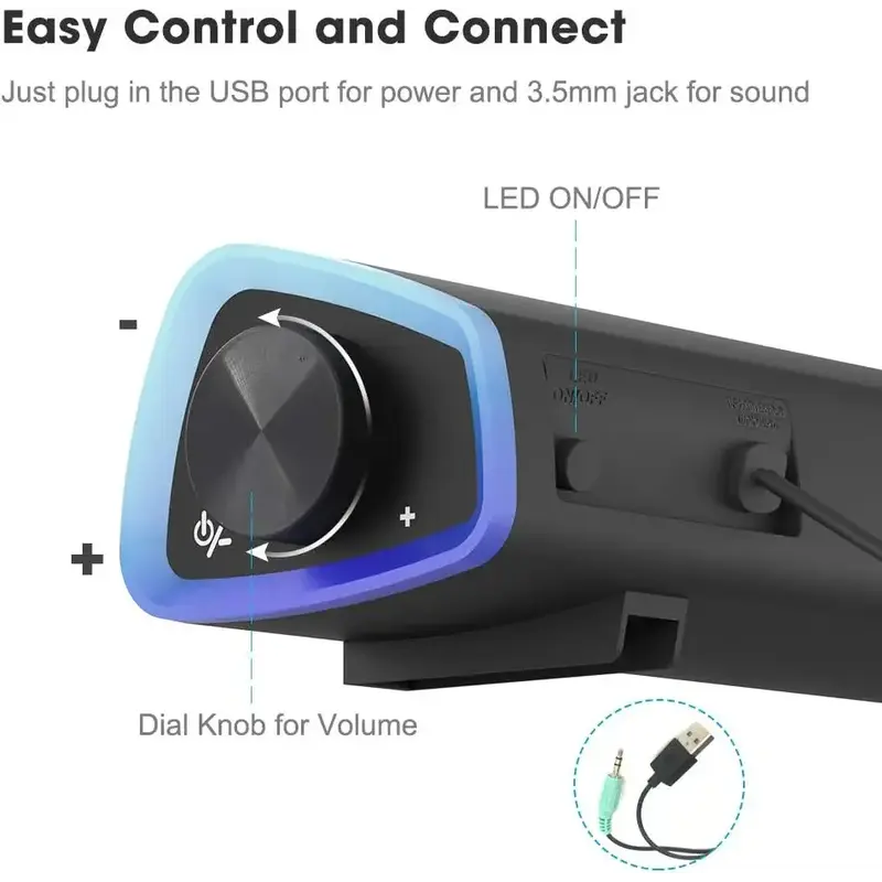 R30 Computer Soundbar, USB Powered, Colorful RGB Lights with Switch Button