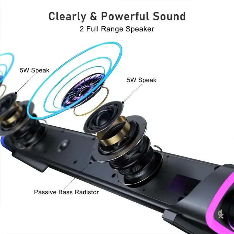 R30 Computer Soundbar, USB Powered, Colorful RGB Lights with Switch Button