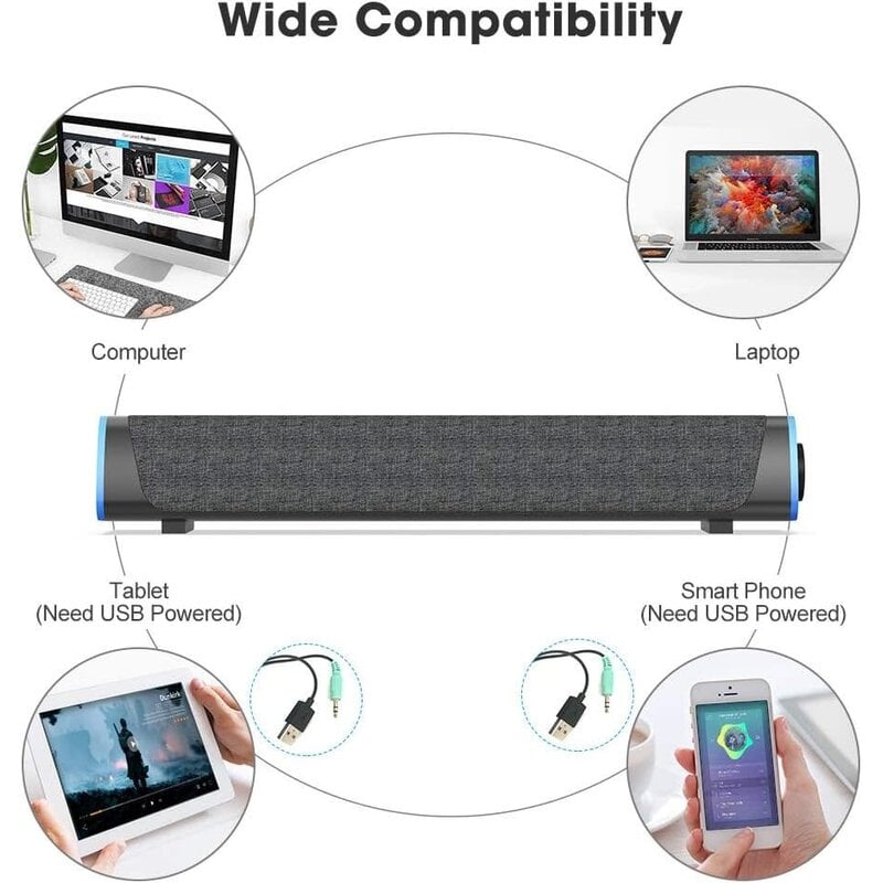 R30 Computer Soundbar, USB Powered, Colorful RGB Lights with Switch Button