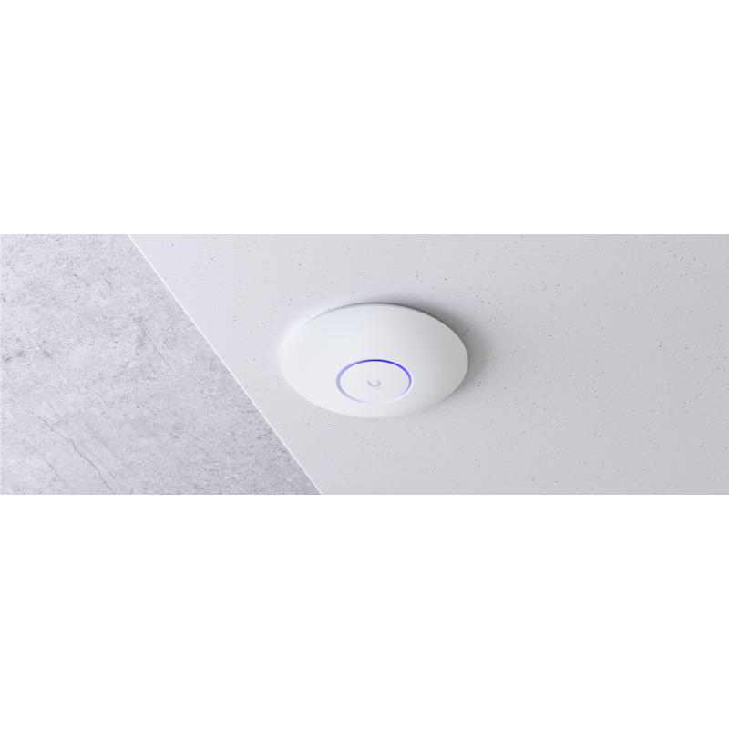 U6-LR Ceiling-mounted WiFi 6 AP with 8 spatial streams and extended signal range.