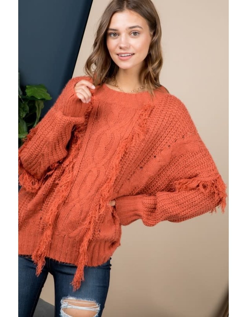 cable knit fringe sweater