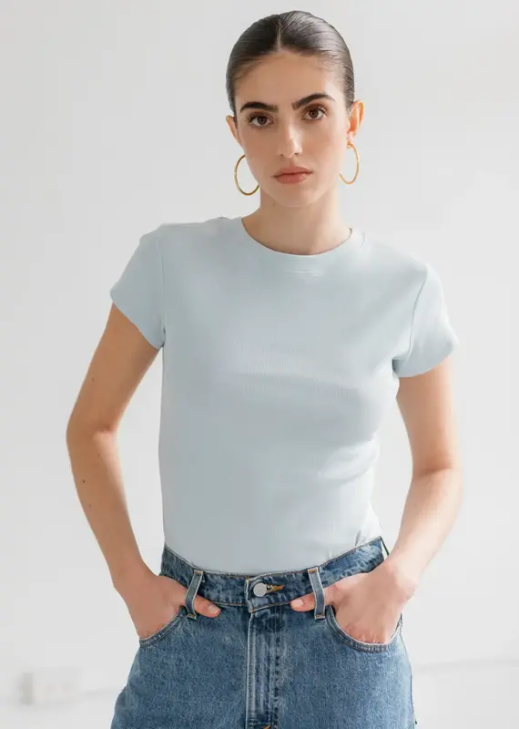 Brunette The Label Ribbed Fitted Cap Sleeve T-Shirt - Denim Blue