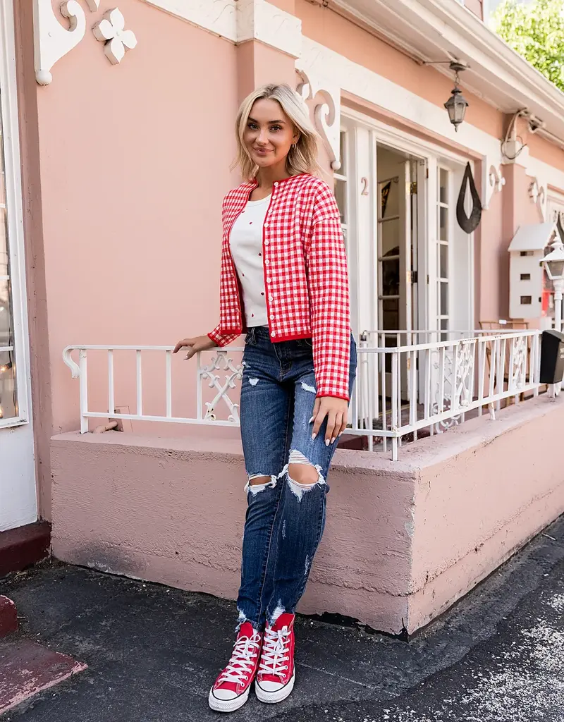 Ampersand Avenue Red Gingham Cardigan