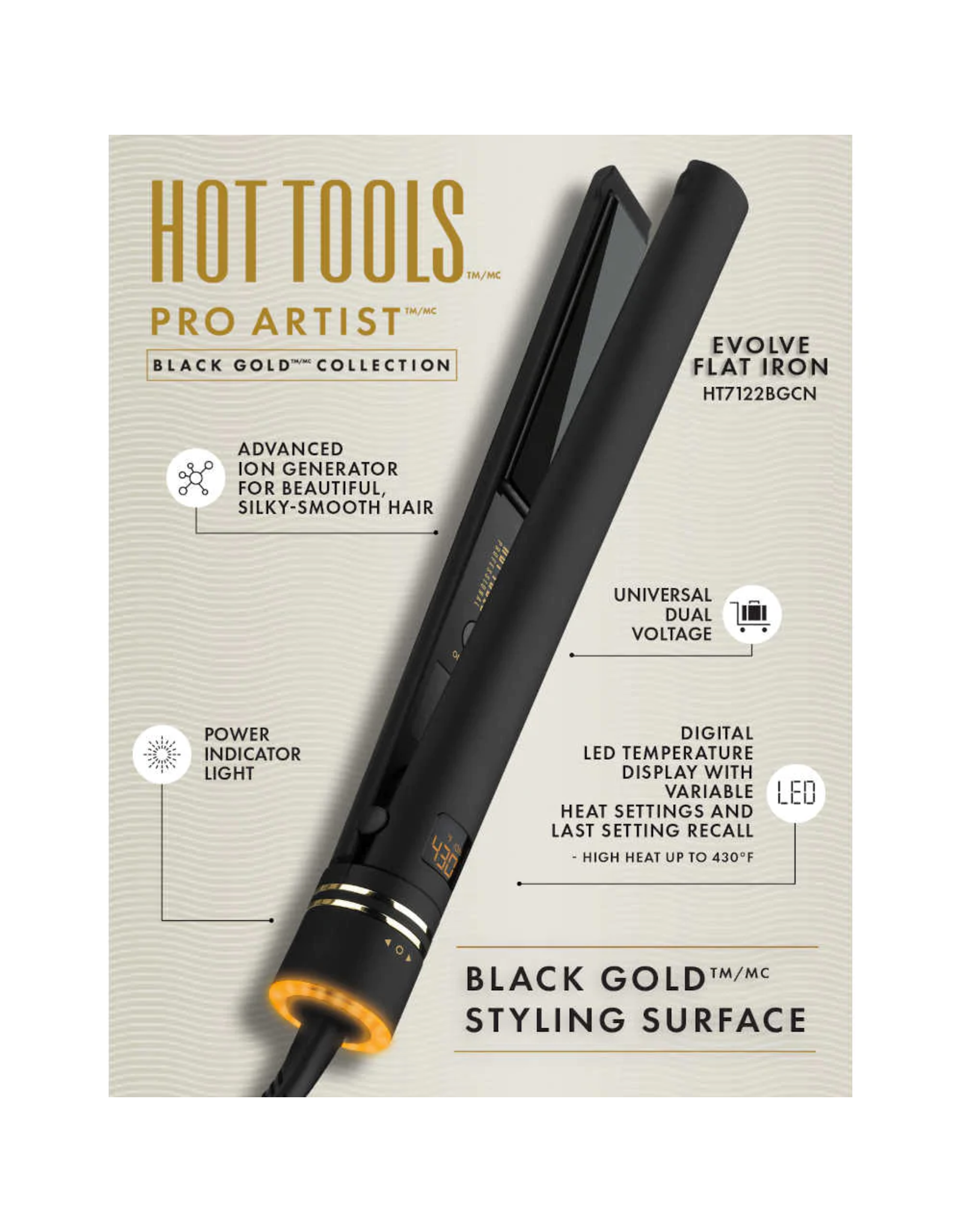HOT TOOLS EVOLVE 1" BLACK GOLD IONIC SALON FLAT IRON