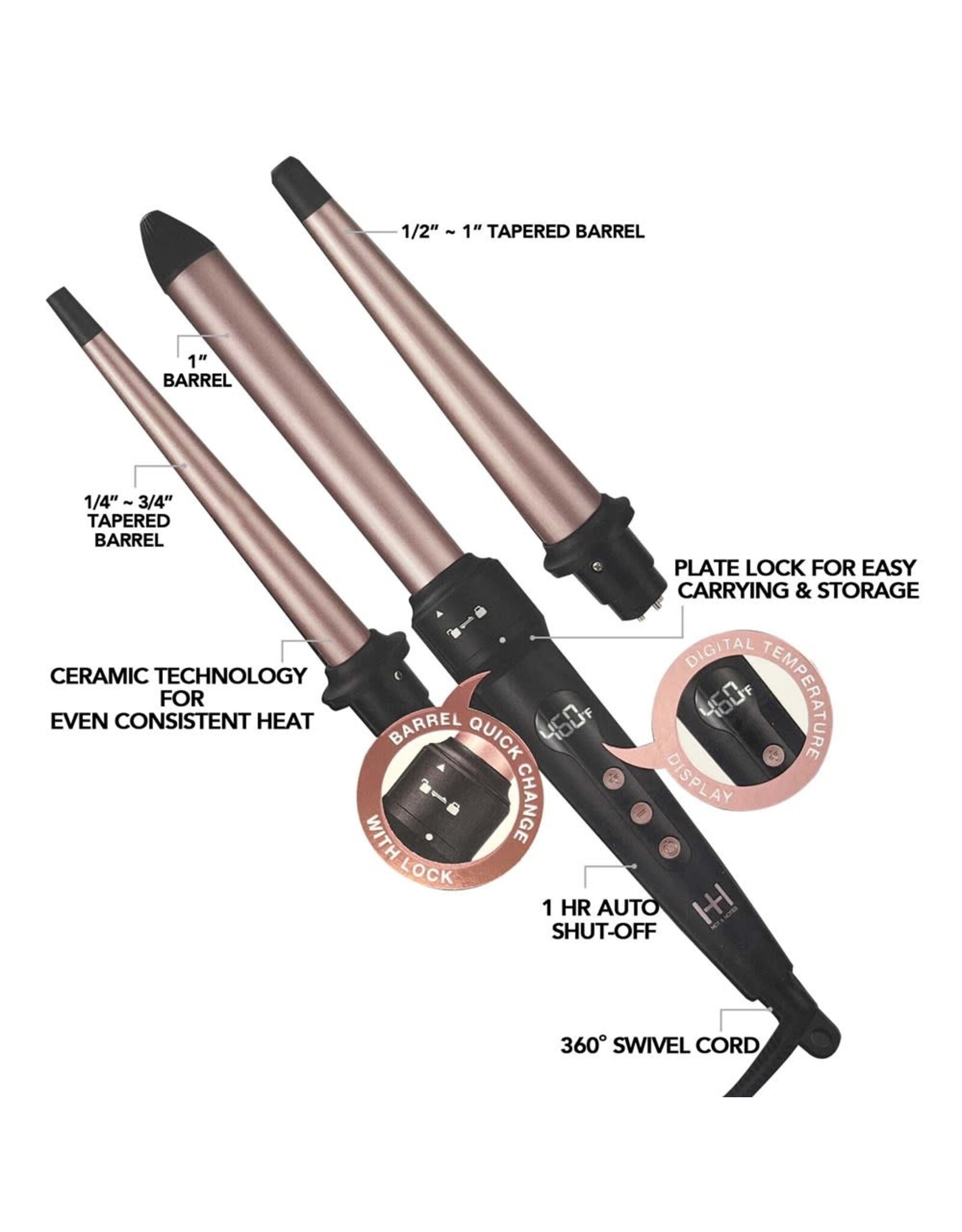 HOT & HOTTER 3-IN-1 INTERCHANGEABLE DIGITAL CERAMIC CURLING WAND SET