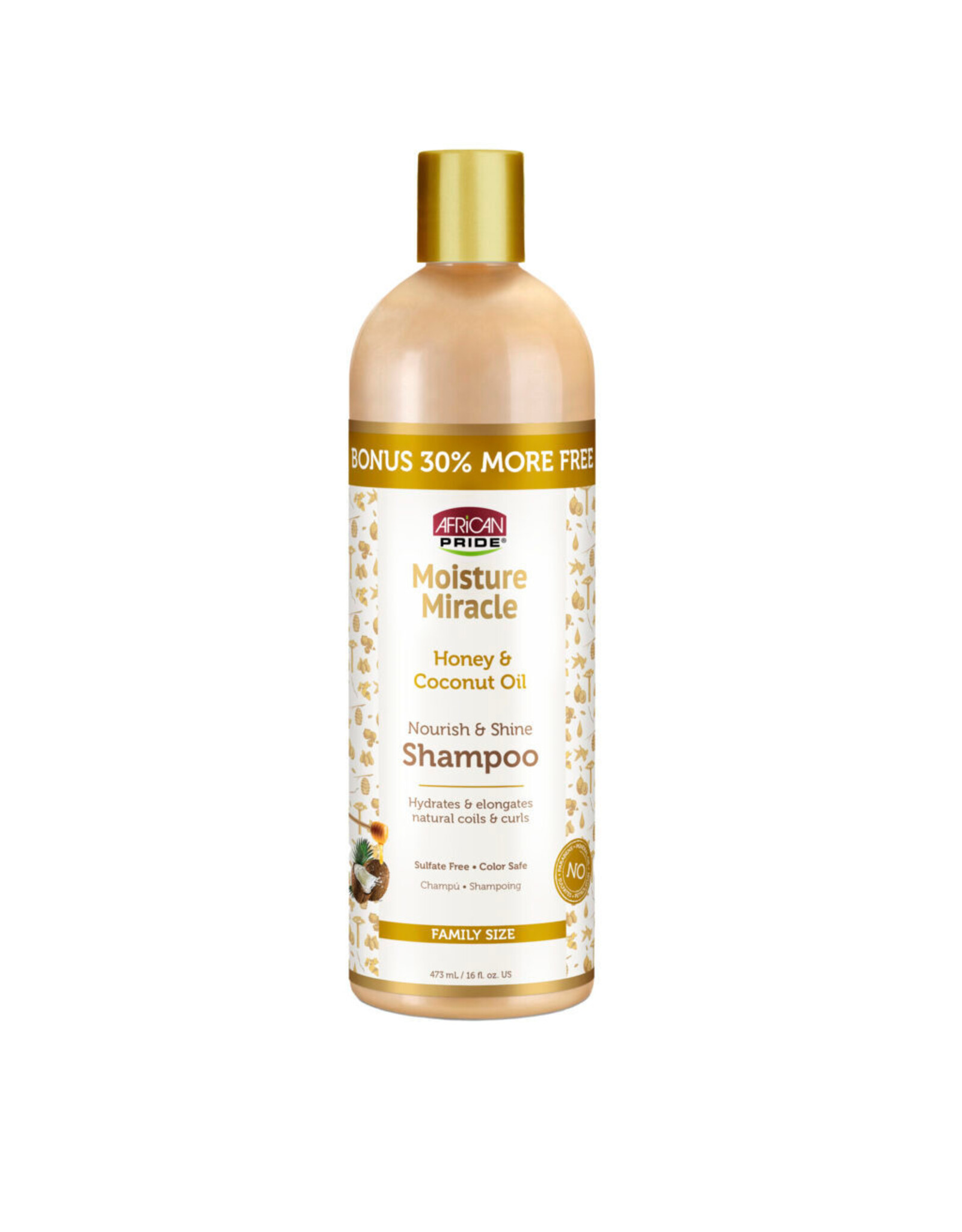 AFRICAN PRIDE MOISTURE MIRACLE HONEY & COCONUT OIL NOURISH & SHINE SHAMPOO 12OZ