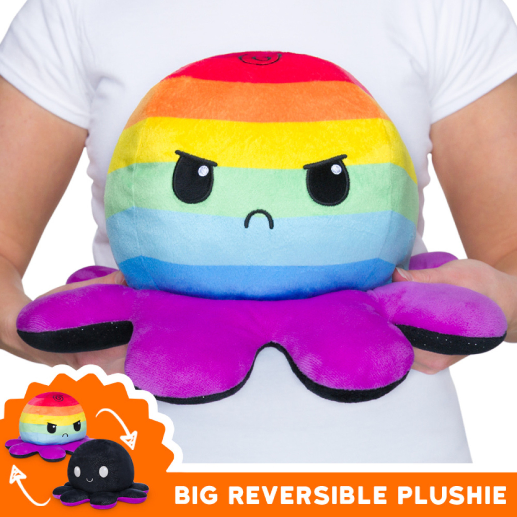 reversible octopus plush black and rainbow