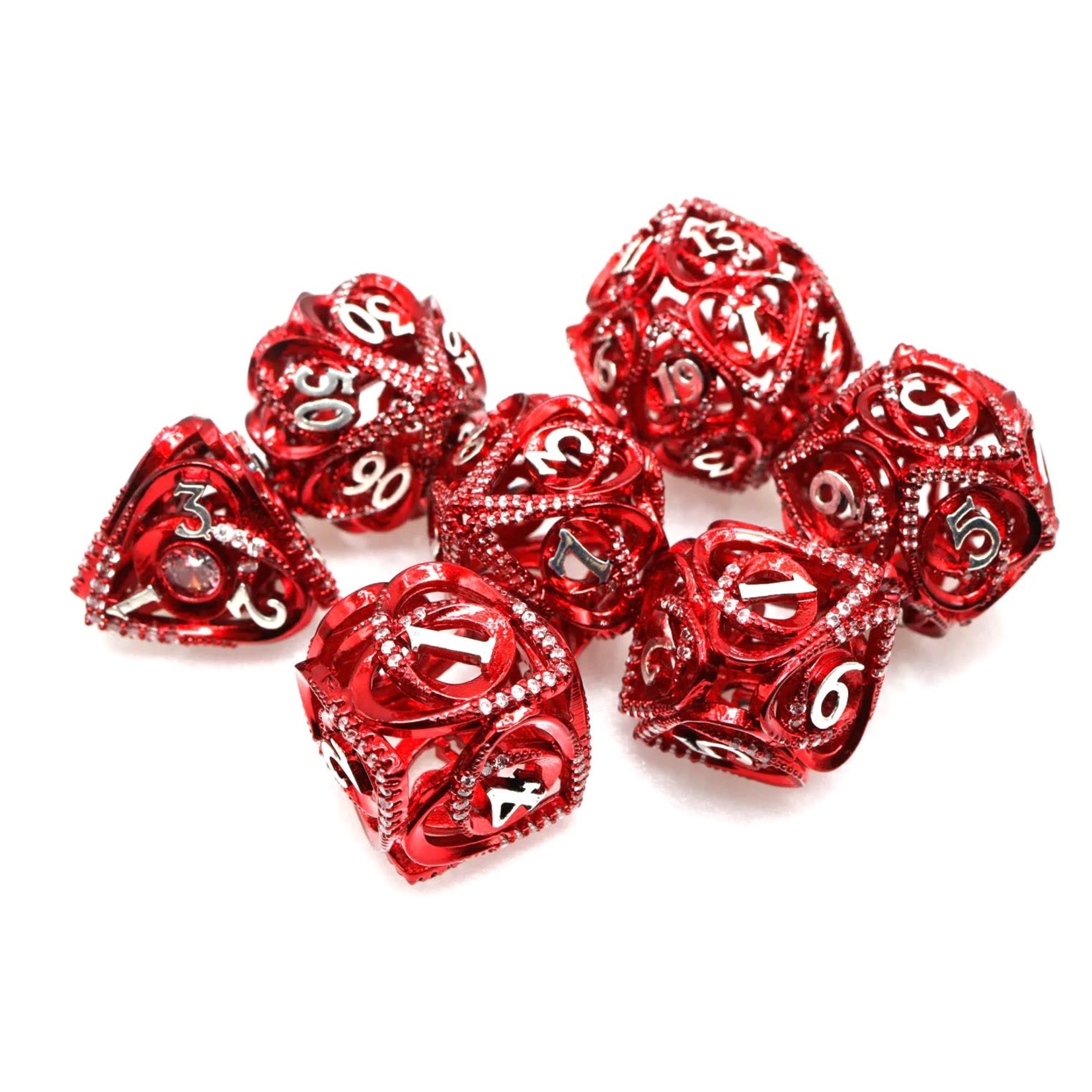 Red Jeweled Hollow Hearts RPG Metal Dice Set