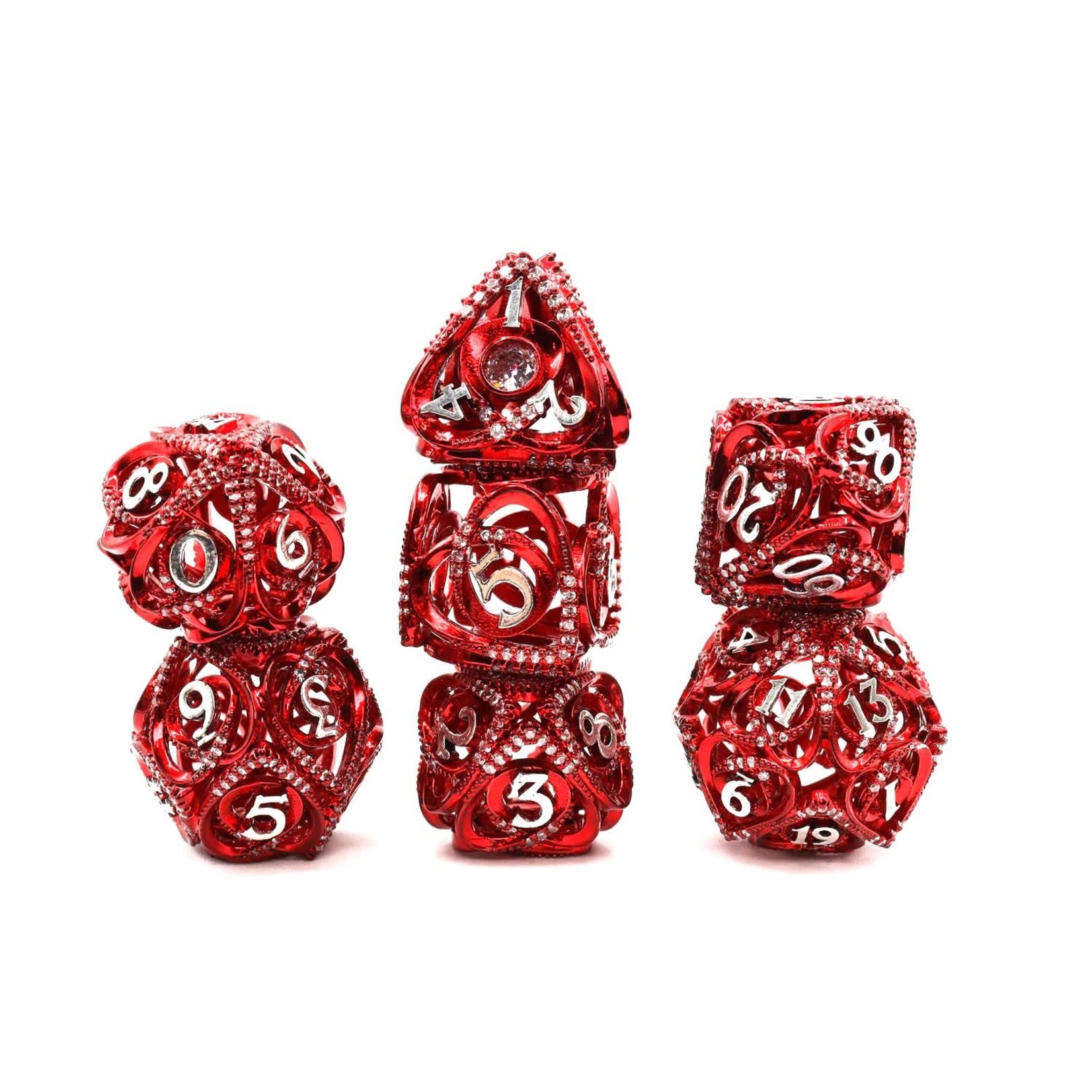 Red Jeweled Hollow Hearts RPG Metal Dice Set