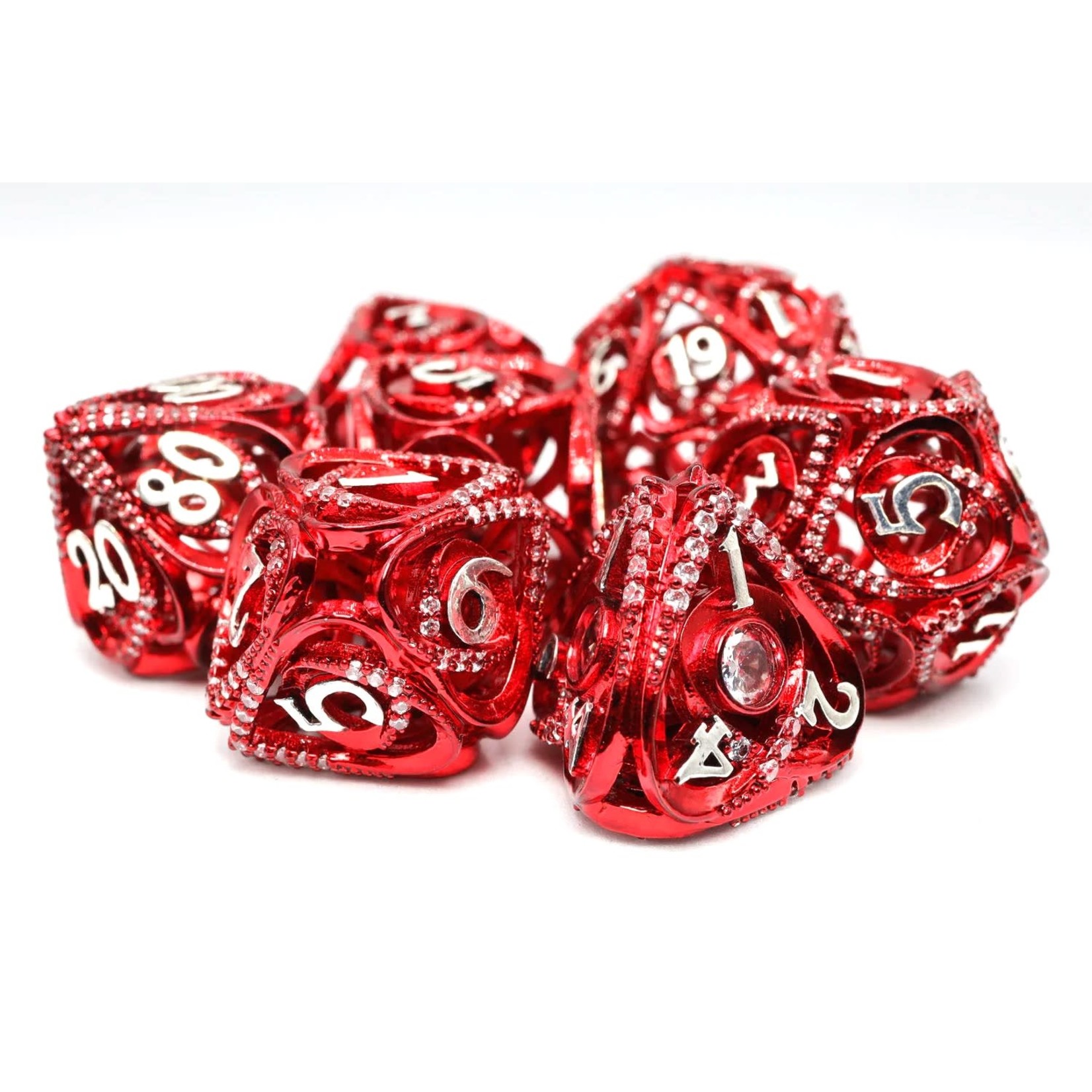 Red Jeweled Hollow Hearts RPG Metal Dice Set