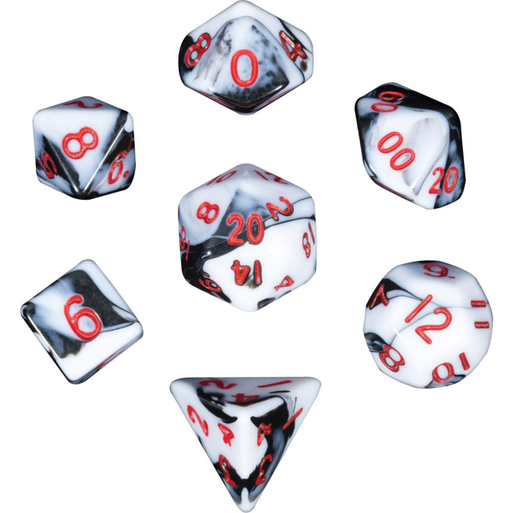 Mini Polyhedral Dice Set: Marble with Red Numbers -10mm