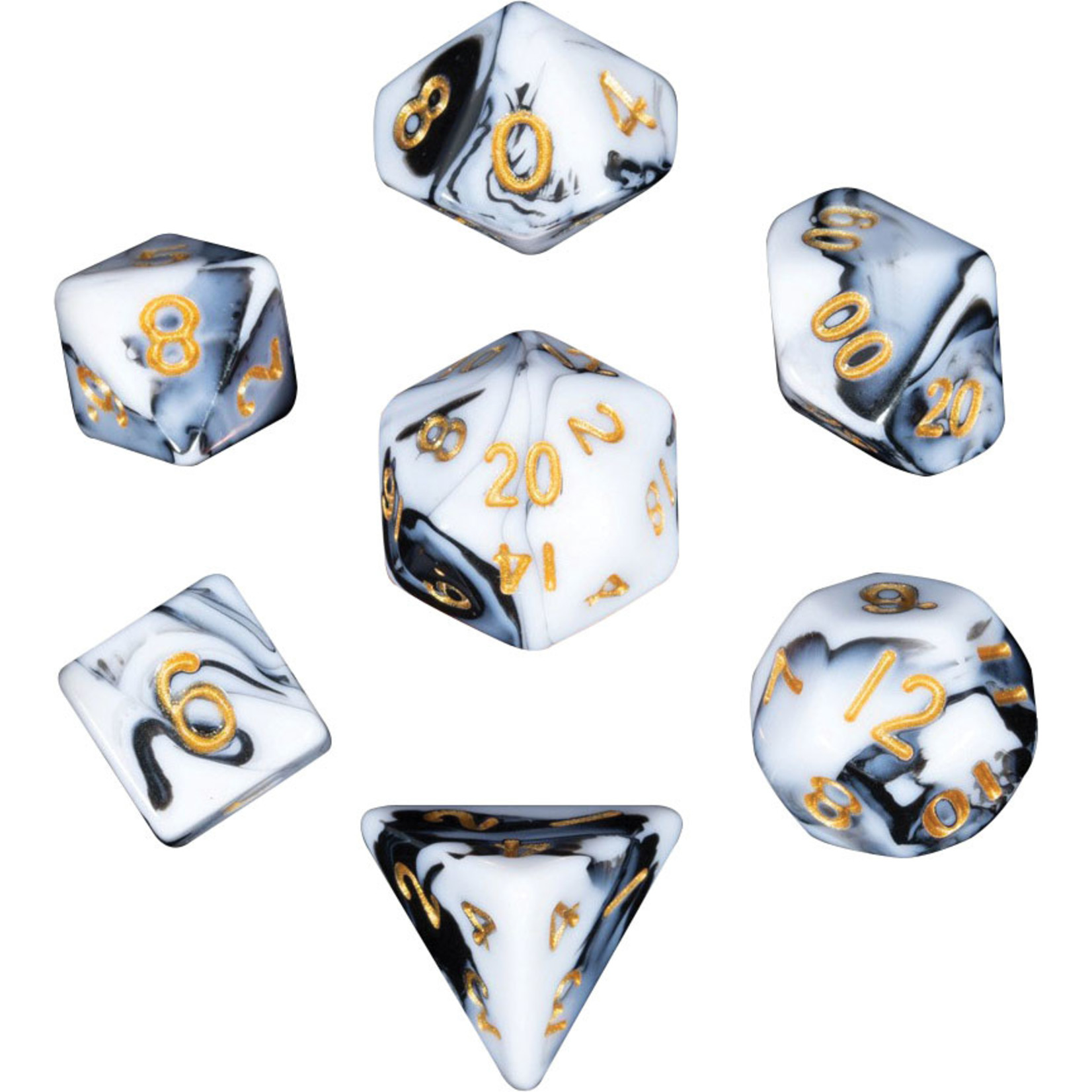 Mini Polyhedral Dice Set: Marble with Gold Numbers -10mm