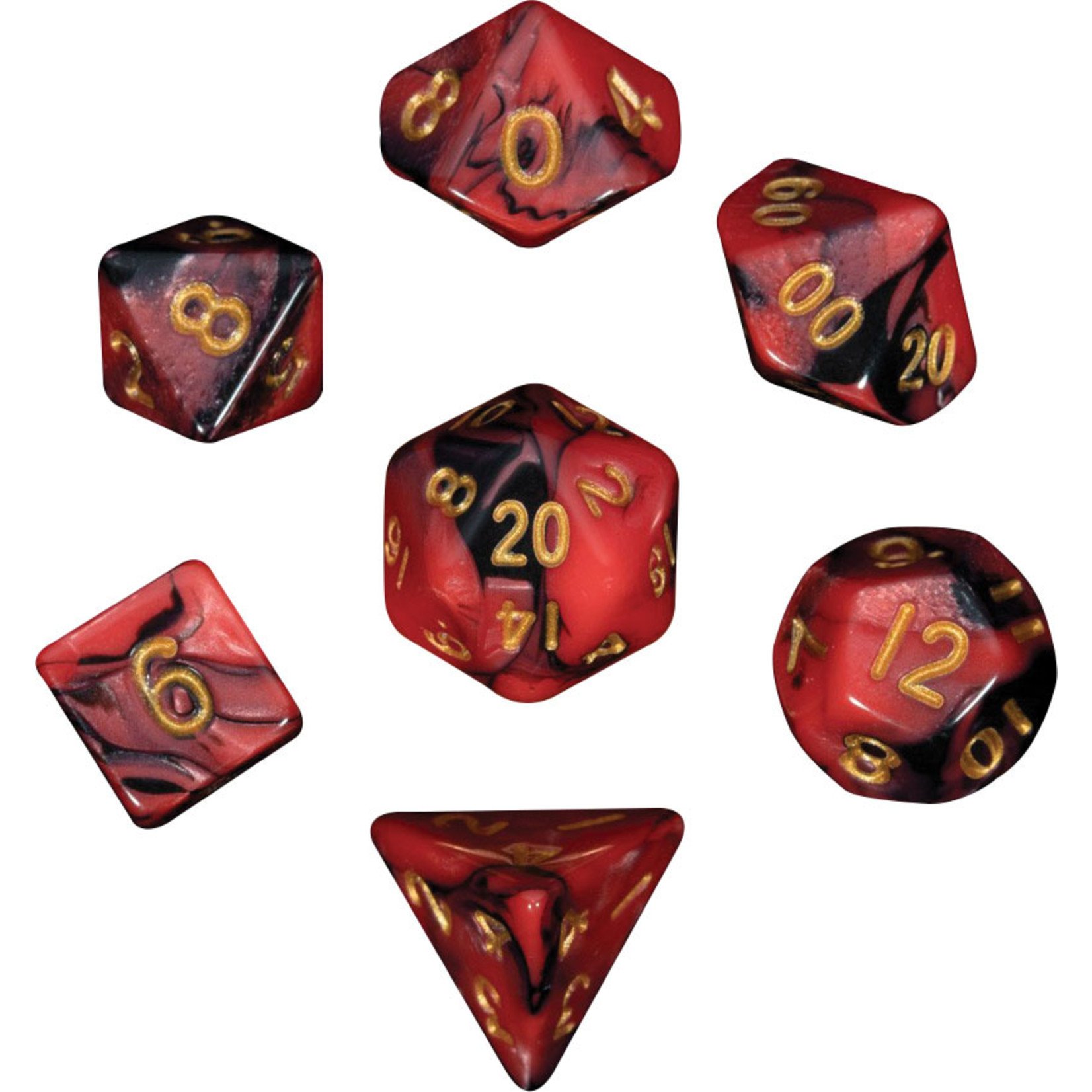 Mini Polyhedral Dice Set: Red/Black with Gold Numbers -10mm