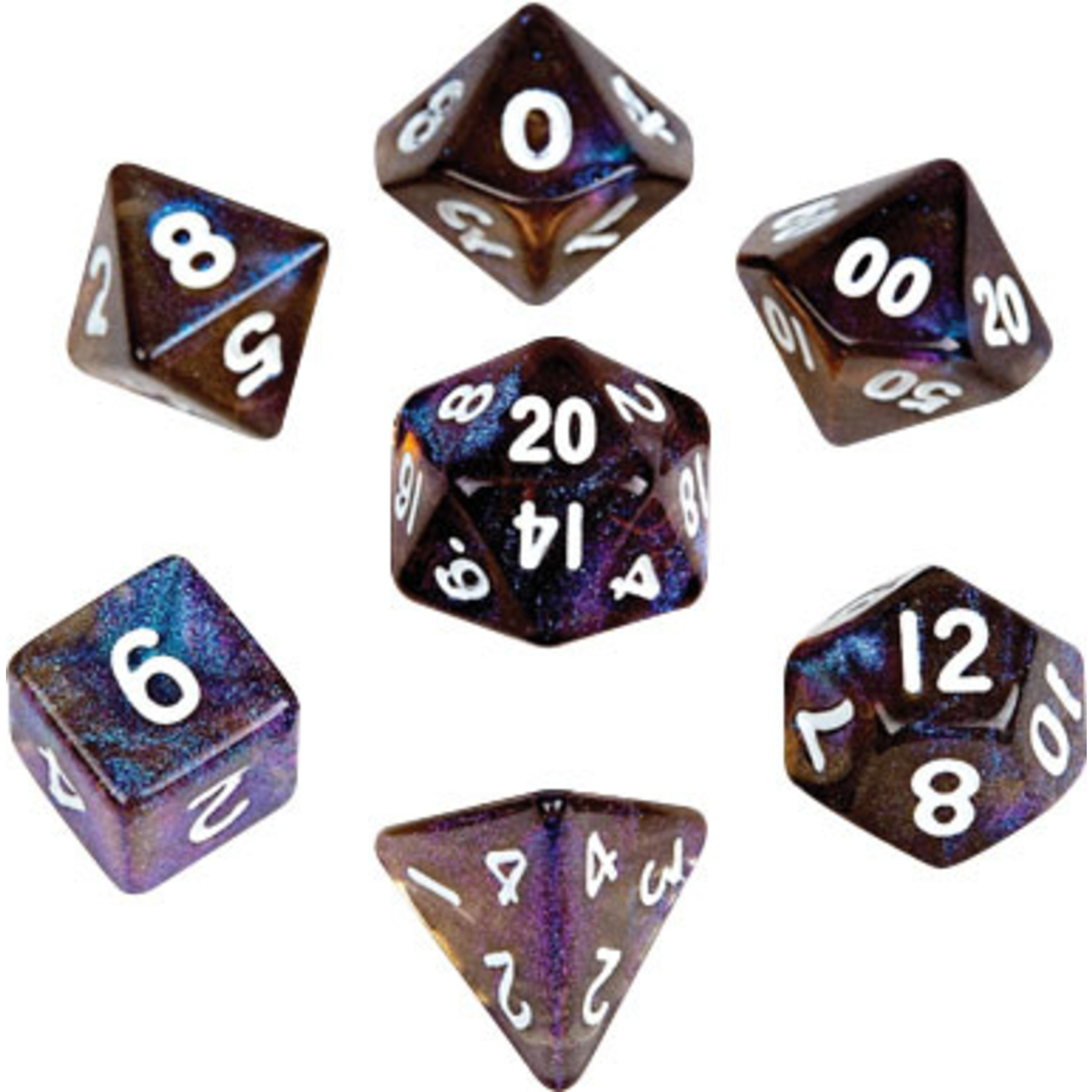 Mini Stardust Acrylic Poly Dice Set: Galaxy (7) 10mm