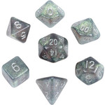 Mini Stardust Acrylic Poly Dice Set: Gray w/ Silver Numbers (7)- 10mm