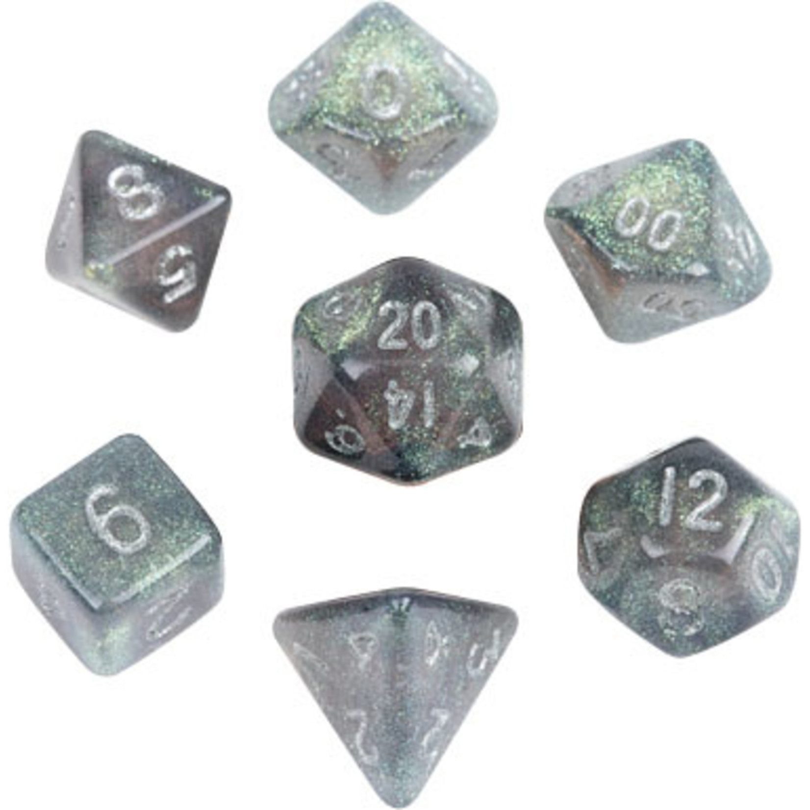 Mini Stardust Acrylic Poly Dice Set: Gray w/ Silver Numbers (7)- 10mm