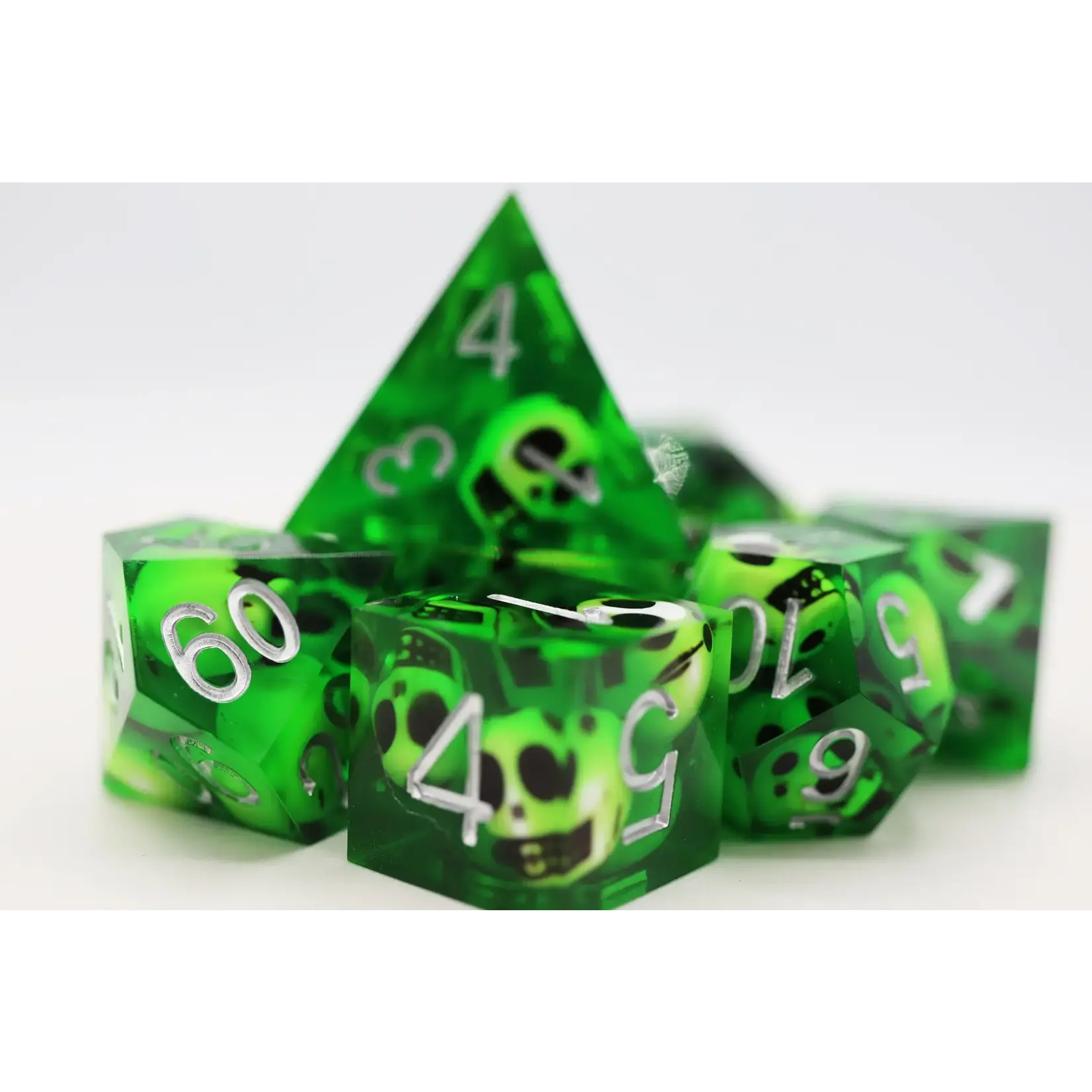 Sharp Edge Resin RPG Dice Set - Green Skulls