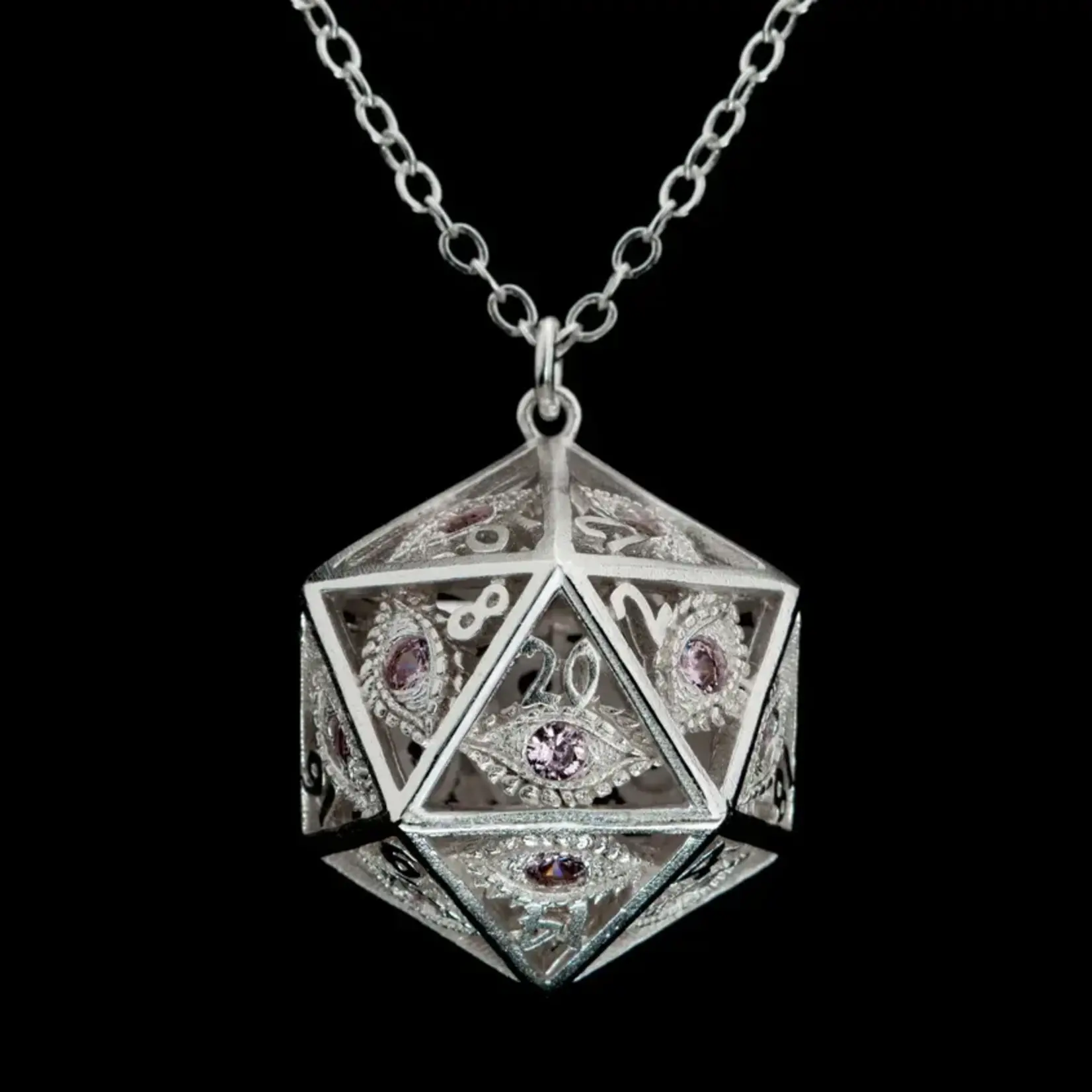 D20 Necklace With Silver Hue Chain (Borealis Smoke Black D20)