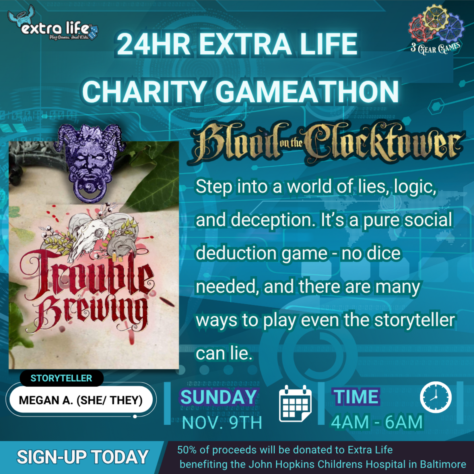 Extra Life 2025: Blood on the Clocktower: Trouble Brewing, Sun 4:00am - 6:00am