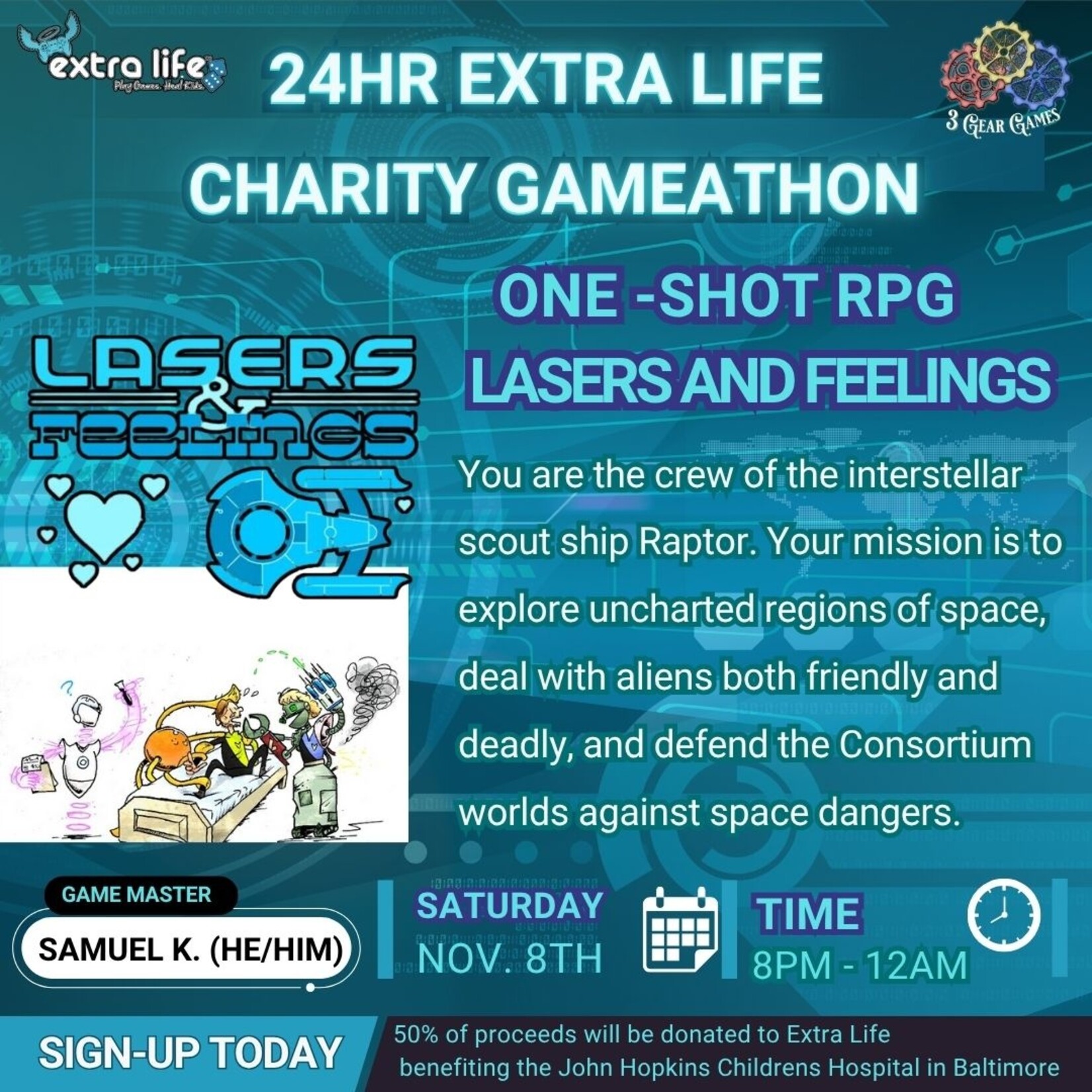 Extra Life 2025, Lasers and Feelings , Sat 8:00pm - 12:00am