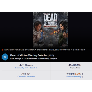 Plaid Hat Games Dead of Winter: Warring Colonies Expansion