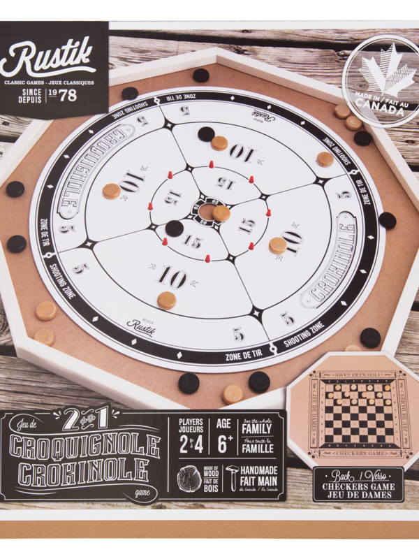 Rustik CROKINOLE Deluxe 3-in-1 with Checkers (Made in Canada)