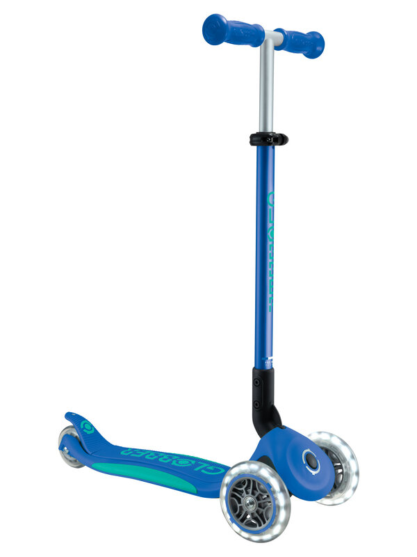 Globber Primo Foldable Plus Scooter with Lights - Navy Blue & Emerald Green