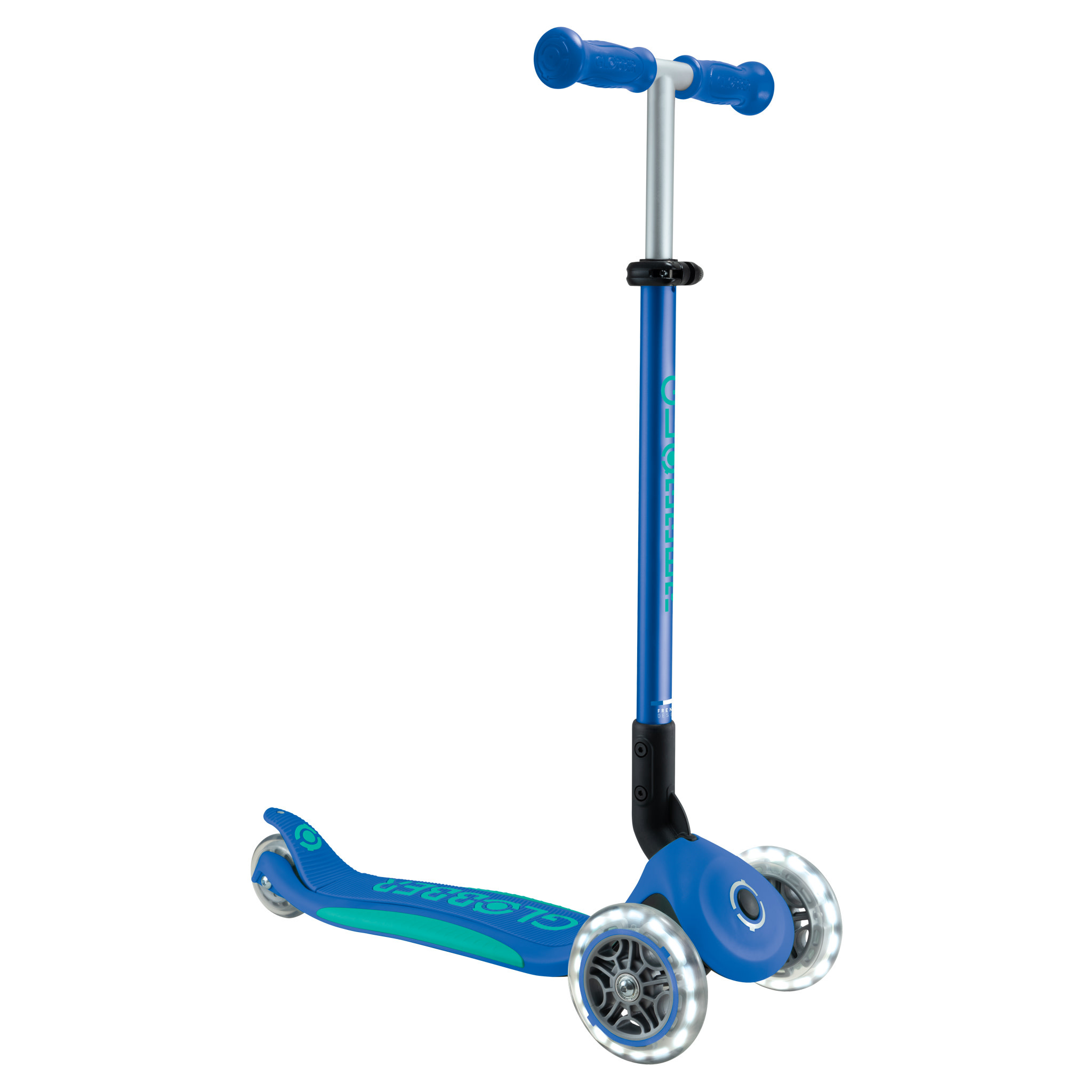 Globber Primo Foldable Plus Scooter with Lights - Navy Blue & Emerald Green
