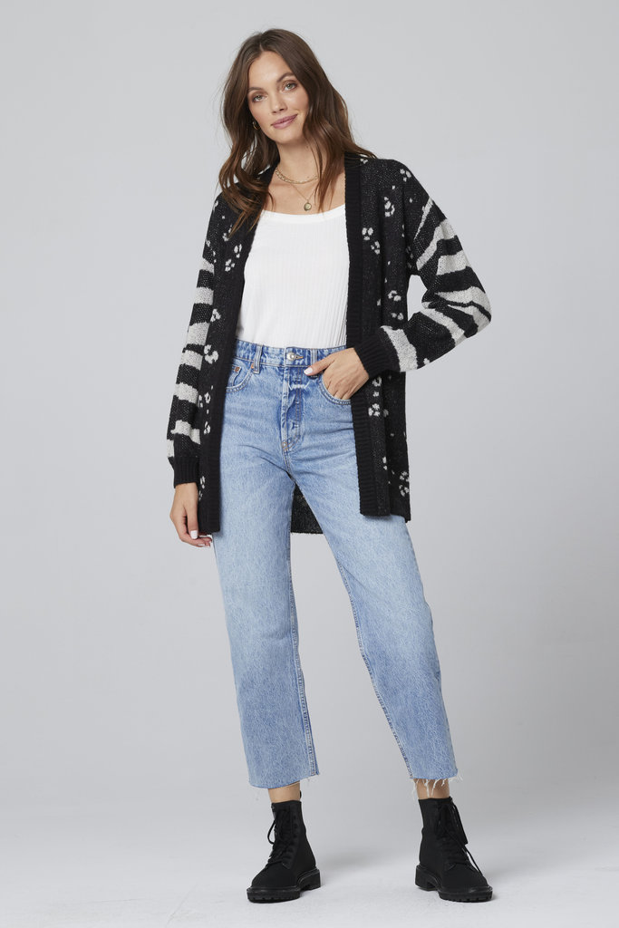 Saltwater Luxe Indie Long Sleeve Open Cardigan - Black/ White Mixed Print
