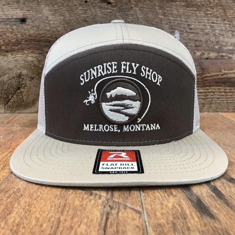 Richardson Sunrise Logo Hat | Panel Flatbill Trucker | Heather Grey/Black, Brown/Khaki, Black/Camo