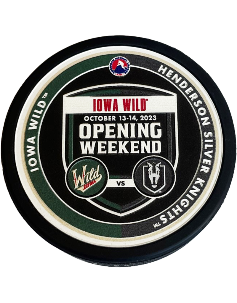 MUSTANG Signed 2023-24 Opening Weekend Specialty Puck w/ Display Cube