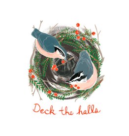 Kat Frick Miller - Boxed Cards / Set of 6, Deck the Halls Nuthatches, 4.25 x 5.5"