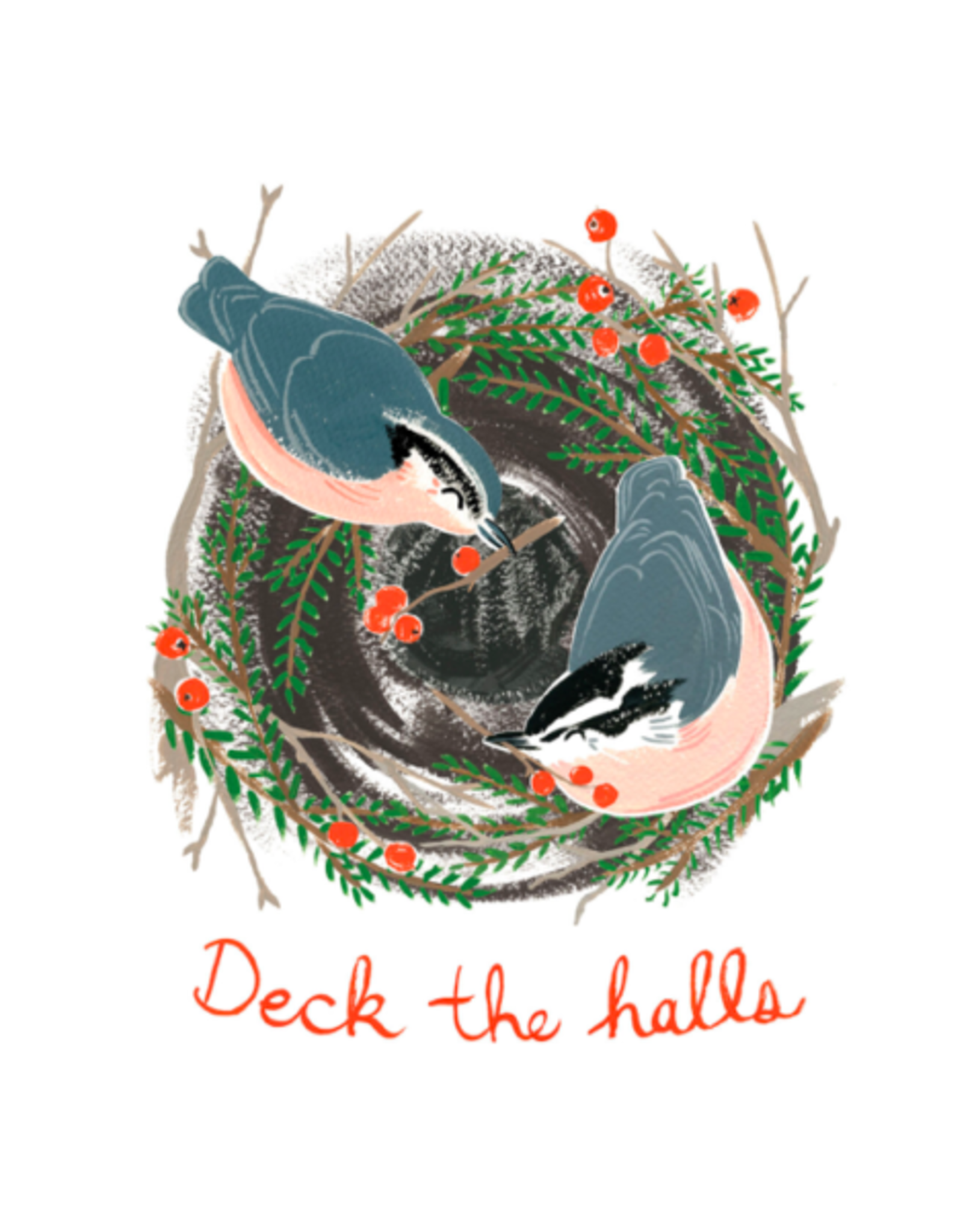 Kat Frick Miller - Holiday Card / Deck The Halls Nuthatches, 4.25 x 5.5"