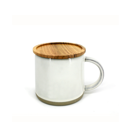 DCO - Mug with Lid / White Reactive Glaze & Acacia Wood, 13.5oz