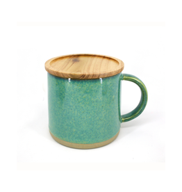 TIMCo DCO - Mug with Lid / Green Reactive Glaze & Acacia Wood, 13.5oz