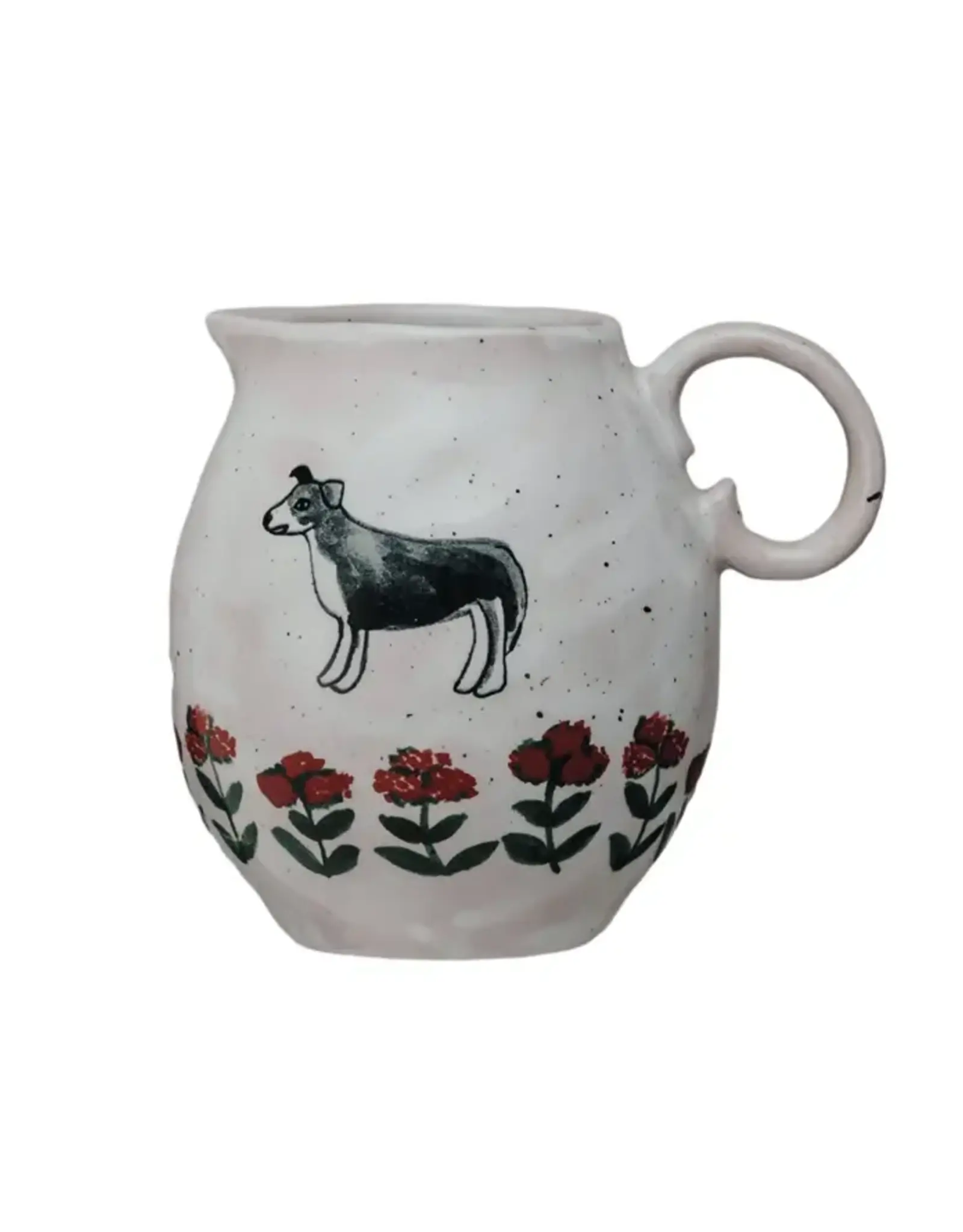 COP - Small Hand Painted Jug / Dog & Flowers 3.75" 10 oz
