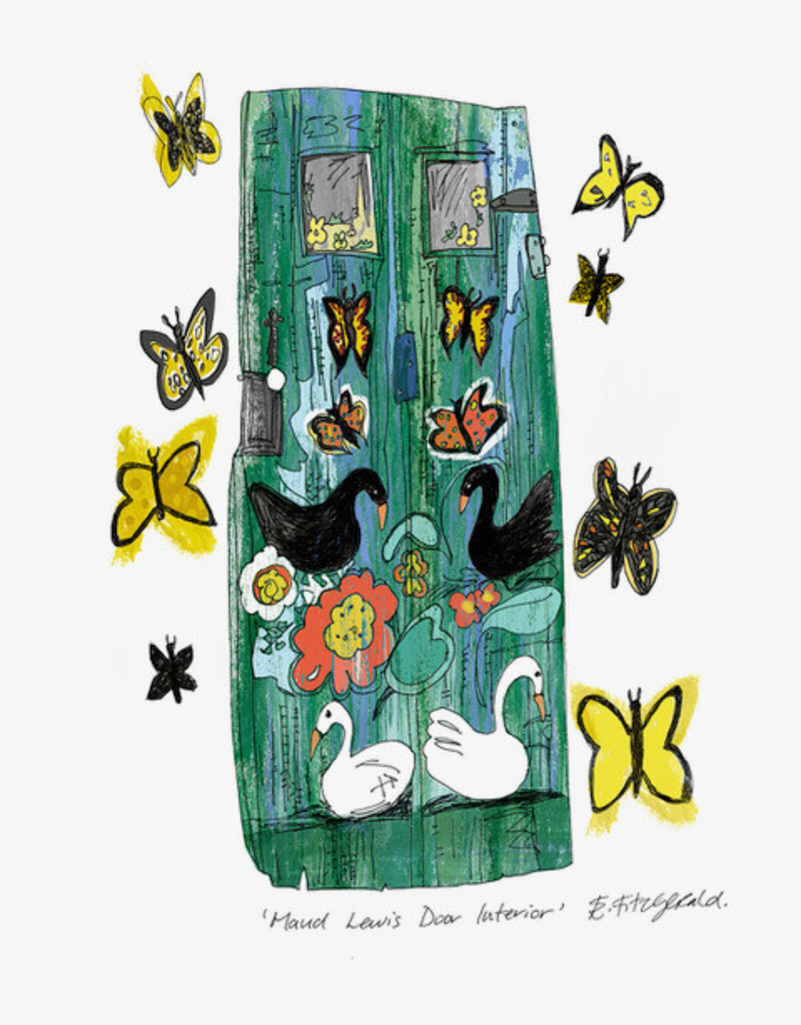 Emma Fitzgerald - Art Print, Maud Lewis Door Interior (Green w Swans), 8.5 x 11"